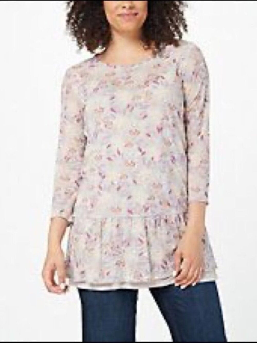 LOGO Layers by Lori Goldstein Printed Sheer Ruffle Hem Mesh Top